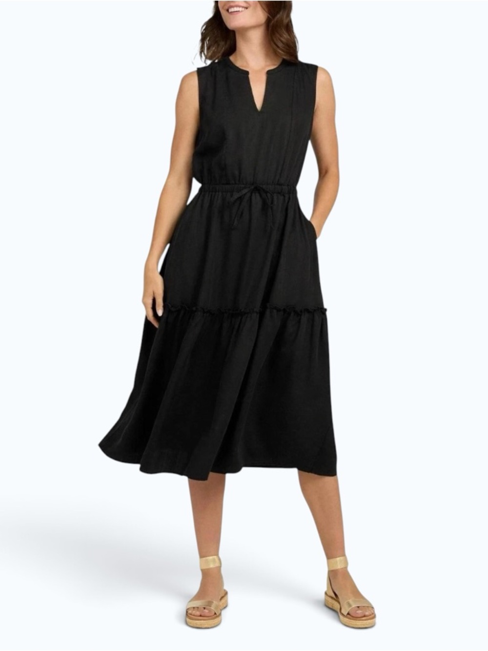 Land’s End Black Sleeveless Lyocell
Tiered Midi Dress, Size M, MSRP $60